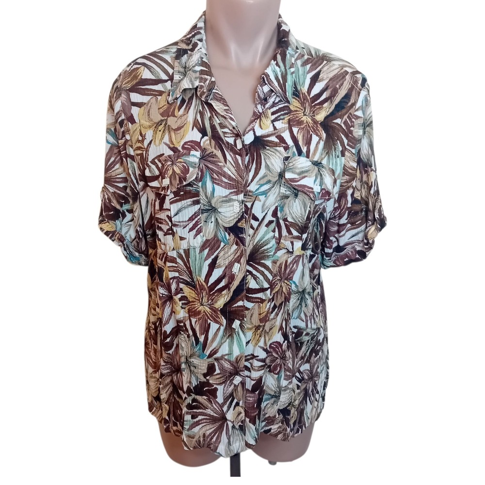 Jaclyn Smith Plus‎ Size Floral Hawaiian Print Button Down Blouse Travel Top 1X